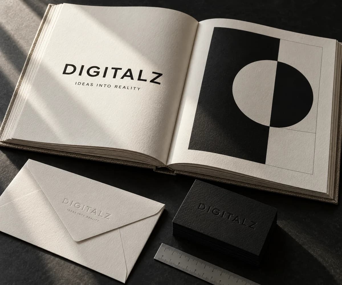 Digitalz brand identity concept with a linen-bound brand book and carefully embossed graphite and ivory stationery