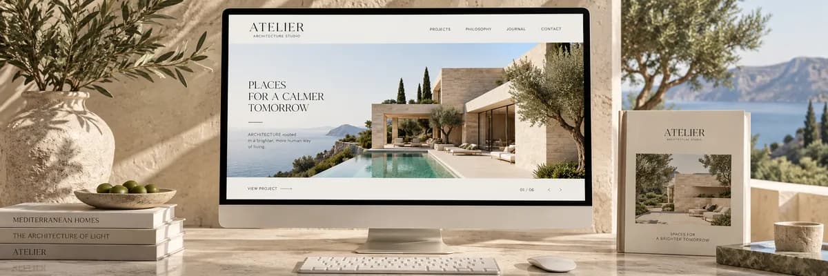 Architecture website concept with an editorial villa and pool composition