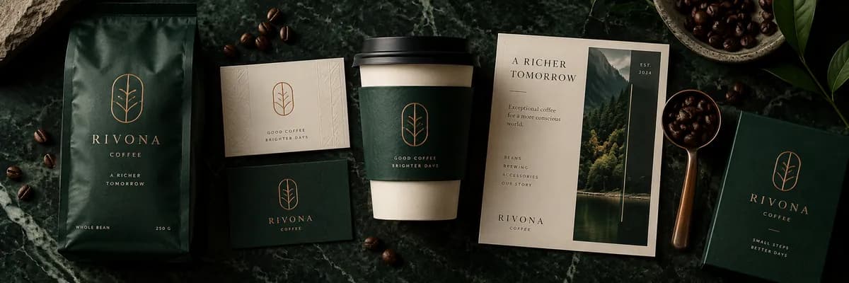Luxury coffee identity concept with forest green packaging and copper details