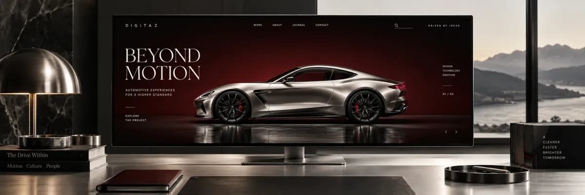 Automotive editorial website concept featuring silver and burgundy art direction