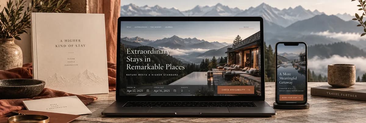Boutique resort website and booking concept with an alpine landscape