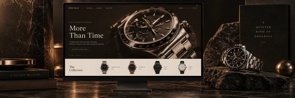 Luxury watch commerce website concept with polished steel and bronze details