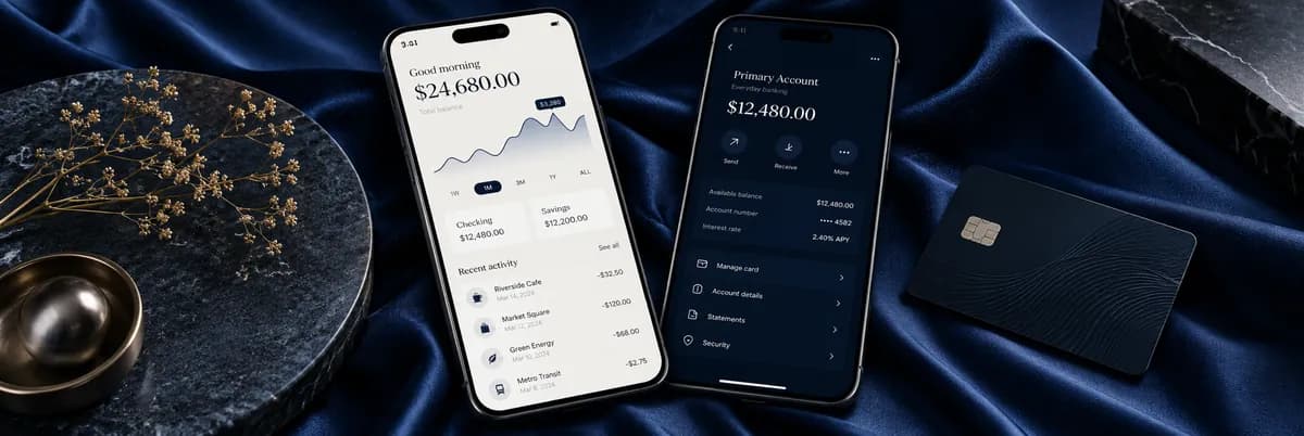Premium mobile banking interface concept in graphite and deep blue